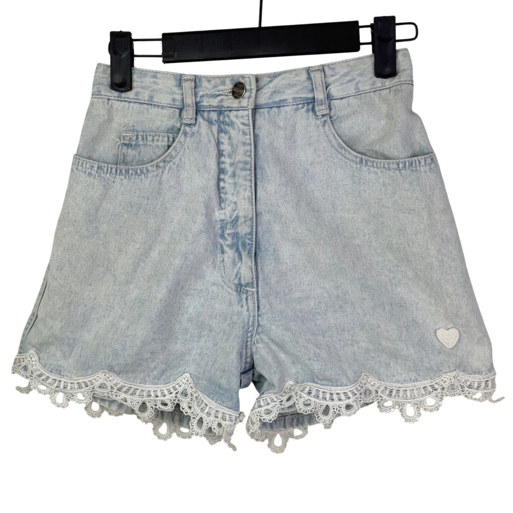 Contempo Casuals Light Wash Denim Lace Trim High Waisted Shorts Size 3 90s VTG